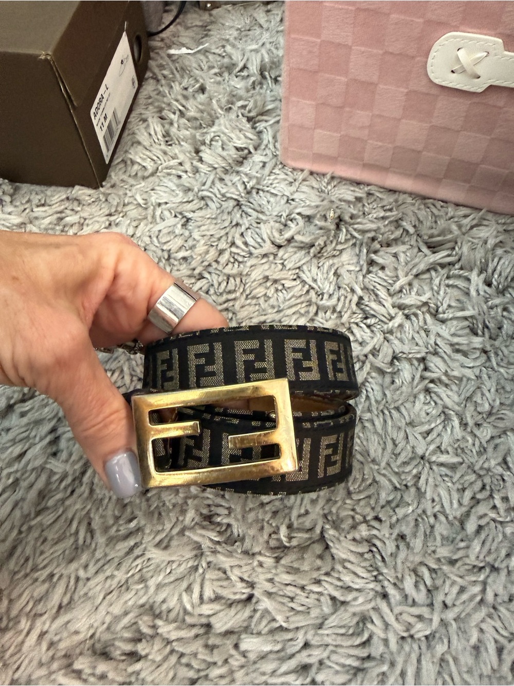 Fendi Black and Brown Zucca Monogram Belt with Gold Buckle